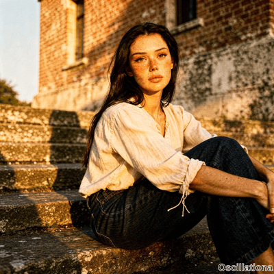 Young woman with long wavy hair and freckles sits on weathered steps before brick buildin…