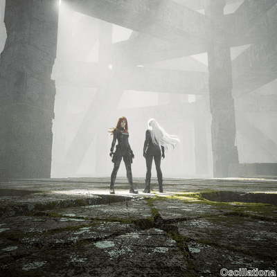 Foggy post-apocalyptic megastructure ruin with towering mossy concrete pillars, volumetri…