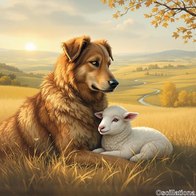 A serene pastoral sunset scene with a large, fluffy brown dog lying in a golden field, it…