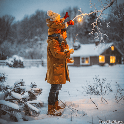 Heartwarming winter twilight: bearded father in tan corduroy coat, jeans, boots piggyback…