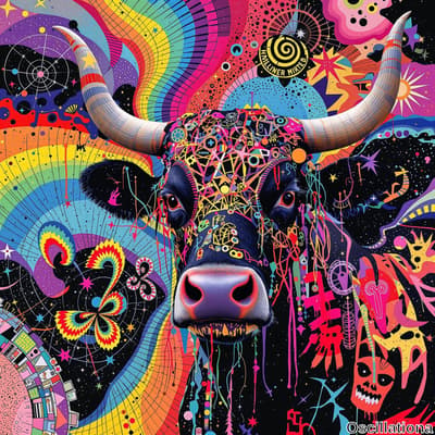 A psychedelic bull's head with intricate, colorful patterns and geometric shapes in brigh…