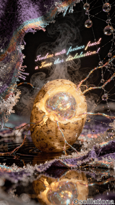 A cracked, golden-brown egg-like object at the center emits a glowing, iridescent bubble,…