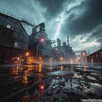 A stormy night at an industrial site with large factories and power plants, their towerin…