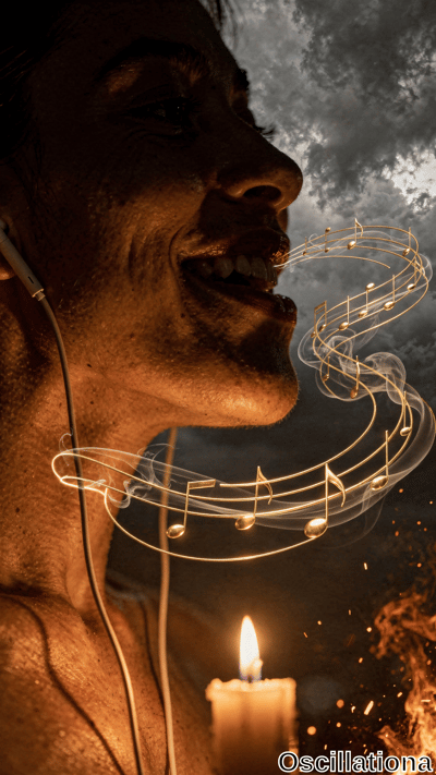 A person wearing earphones is bathed in the warm glow of a candle, casting a golden hue o…