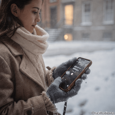 Close-up profile of young East Asian woman facing left on snowy urban street at dusk, ser…