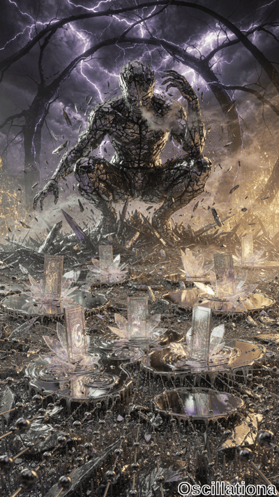 A large humanoid creature made of cracked, glowing stone or crystal crouches dynamically,…