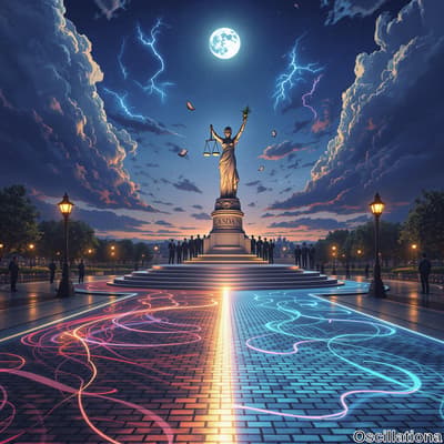 A dramatic night scene with a large Lady Justice statue holding scales and a torch, stand…