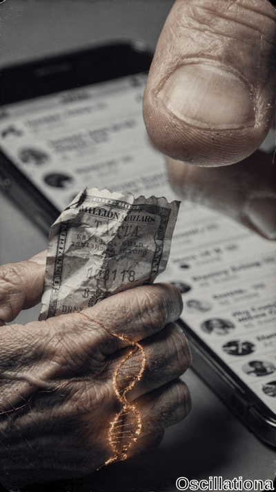 Two veined elderly hands grip a torn, weathered $100 bill as an ethereal golden-orange DN…