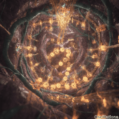 A surreal, abstract scene with a central, glowing heart-shaped structure made of numerous…