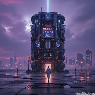 A cyberpunk scene at dusk with a towering structure covered in lights, circuits, and symb…