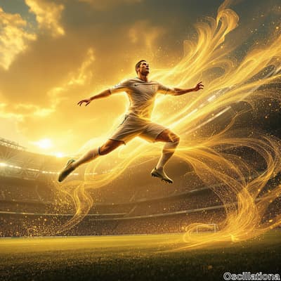 "A male soccer player in a white and green jersey leaps mid-air with determination during…
