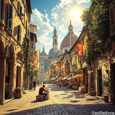 A vibrant European town street scene with cobblestones, lined by charming buildings in wa…