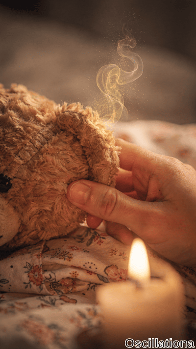 A light brown plush teddy bear is tenderly held by a hand, with golden glittery smoke ema…