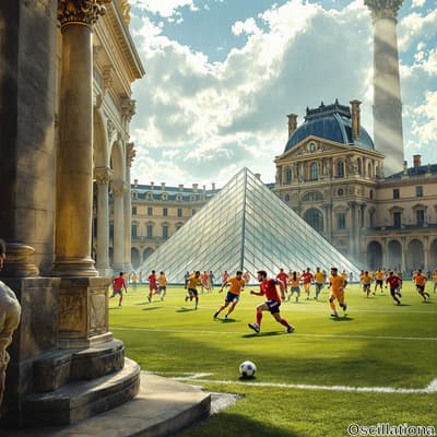 A lively soccer match unfolds on a lush green pitch in a grand courtyard, where players i…