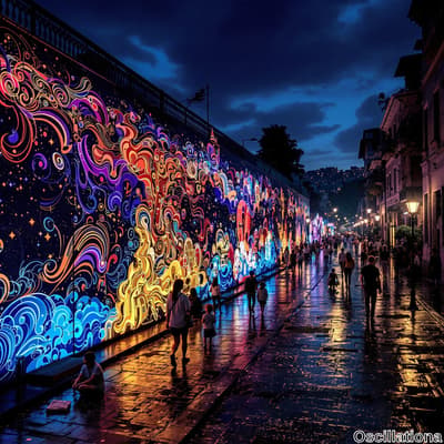 A vibrant urban scene at dusk with a large, colorful mural on a wall, displaying swirling…