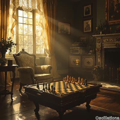 An elegant room bathed in warm light, showcasing a classic chess set on an ornate wooden …