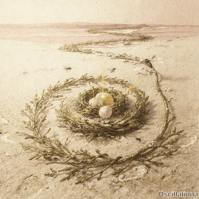 Surreal sepia gold illustration of bird nest on beach with speckled eggs and golden egg i…
