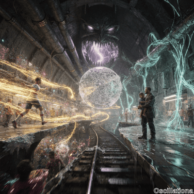 A young person races towards a glowing orb with golden energy trails in an industrial tun…