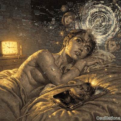 Woman with cracked glowing skin in bed at night with dread, alarm clock near midnight, sm…