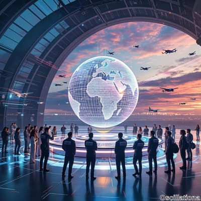 A futuristic scene with a group of suited people in a circular formation around a hologra…