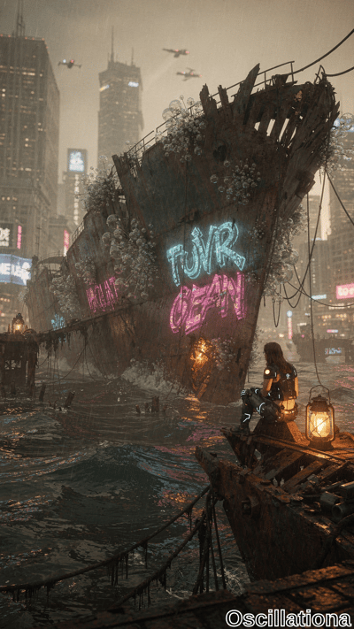 Cyberpunk woman in neon-blue accented black bodysuit sits pensively on flooded skiff hold…