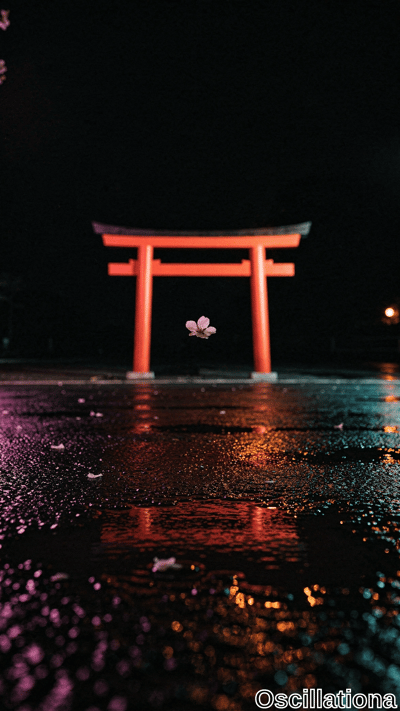 Nighttime low-angle vibrant red torii gate against black sky, floating pink petal, rain-s…