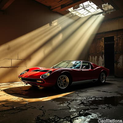 A vintage red sports car with sleek lines and polished silver wheels is parked inside a d…