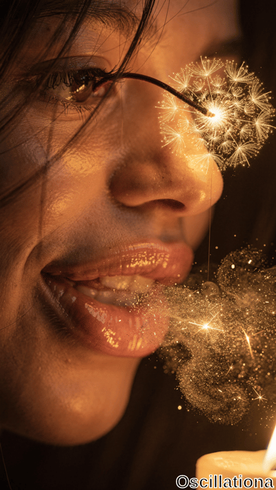 A close-up of a person's face with dark hair, smiling, as a glowing dandelion seed head n…