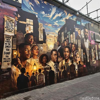 A vibrant mural on a brick building depicts a diverse group of African American men and w…