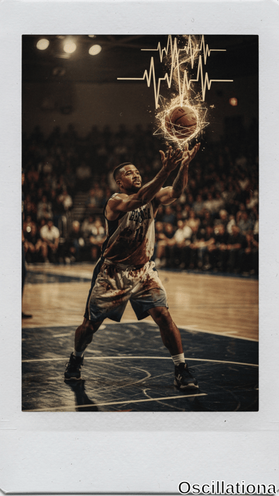 Dramatic Polaroid-framed basketball action: muscular Black player in sweat-stained Barker…