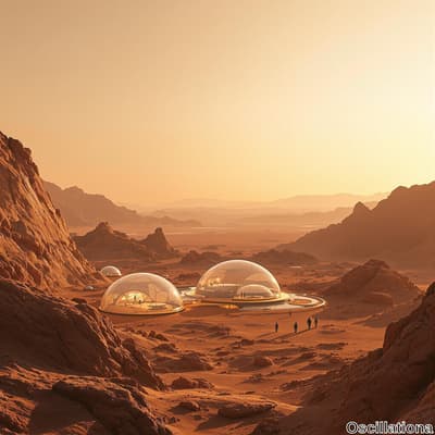 A futuristic Mars-like landscape with several transparent dome-shaped habitats scattered …