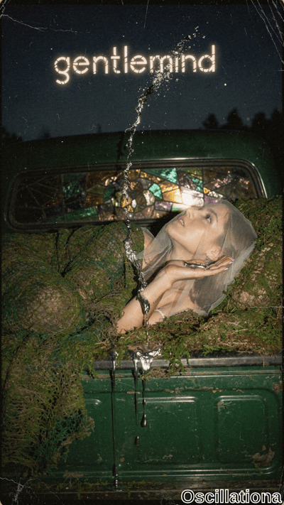 Surreal vintage photo with degraded vignette border: pale blonde woman reclines nude in m…