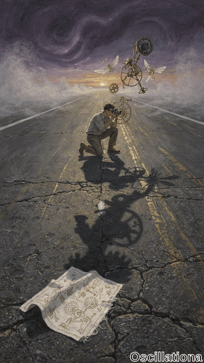 Surreal steampunk painting of a lone man kneeling on cracked gray asphalt highway at suns…