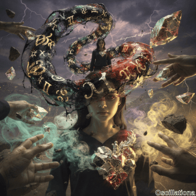 A surreal scene with a central figure wearing an intricate headdress of serpentine forms …