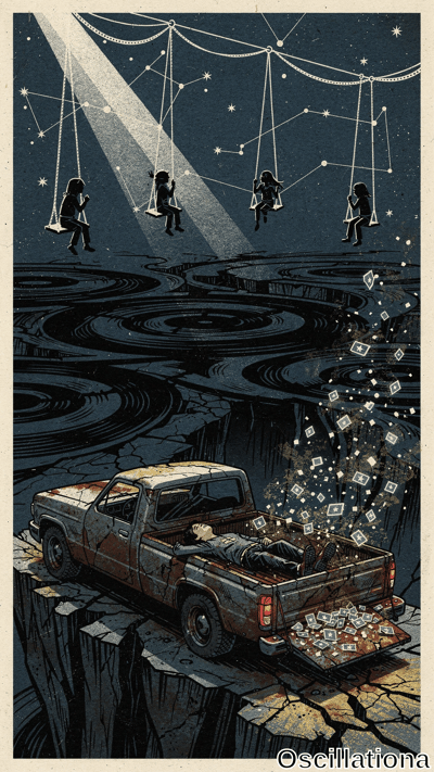 Surreal linocut poster: starry chains suspend silhouetted girls on swings under spotlight…
