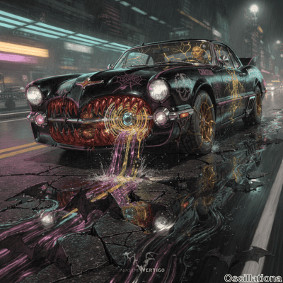 A surreal night-time urban scene with a black vintage car featuring spiderweb patterns an…